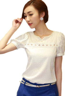 Women Chiffon  Lace Short Sleeve  V Neck Blouse