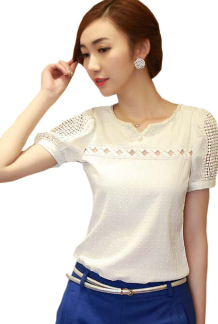Women Chiffon Lace Short Sleeve V Neck Blouse
