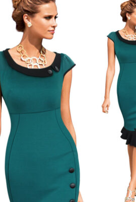 Vintage Elegant Button Patchwork Midi Pencil Bodycon Dress