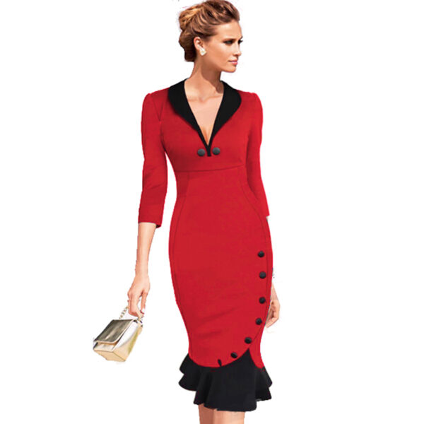 3/4 Sleeve Red New Vintage V neck Dress