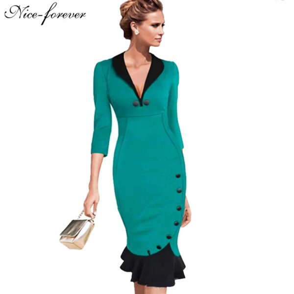 3/4 Sleeve Red New Vintage V neck Dress - Image 3