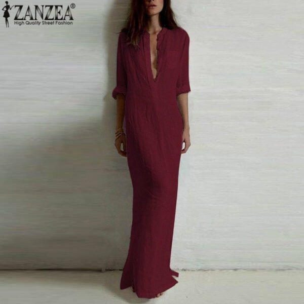 Deep V Neck Linen Split Solid Long Maxi Dress - Image 6