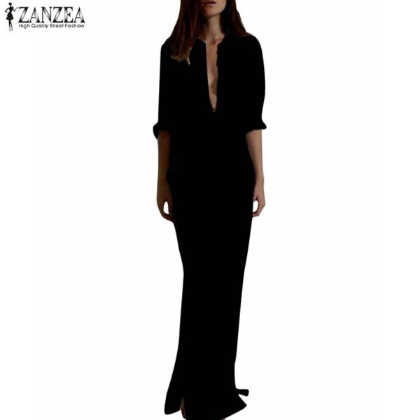 Deep V Neck Linen Split Solid Long Maxi Dress - Image 5