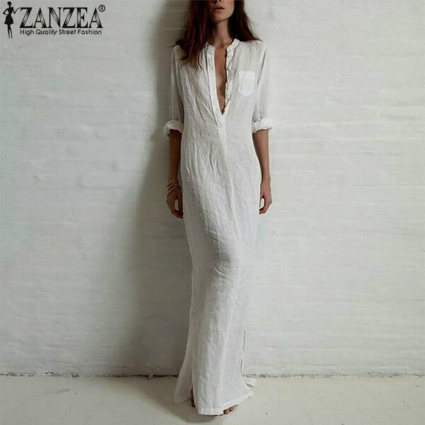 Deep V Neck Linen Split Solid Long Maxi Dress