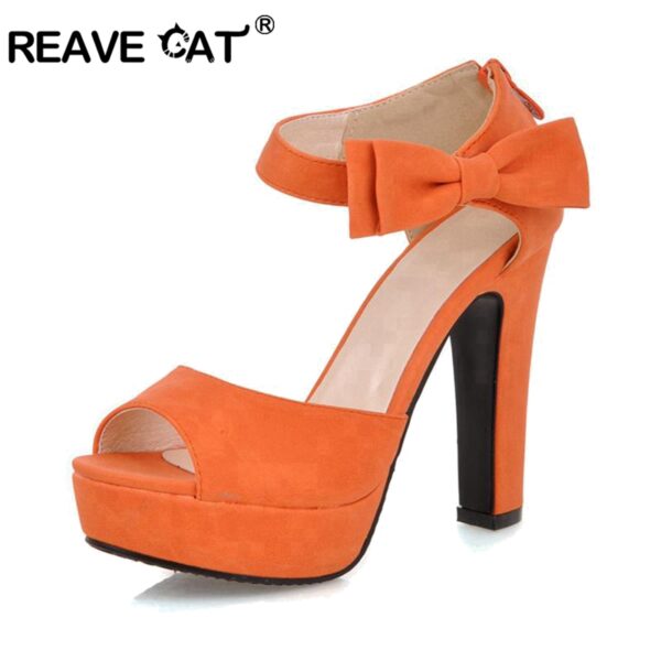 Peep toe Ankle strap orange Sweet Thick high heel Sandals