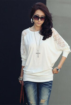 Long Sleeve Casual Dolman Lace Loose Shirt