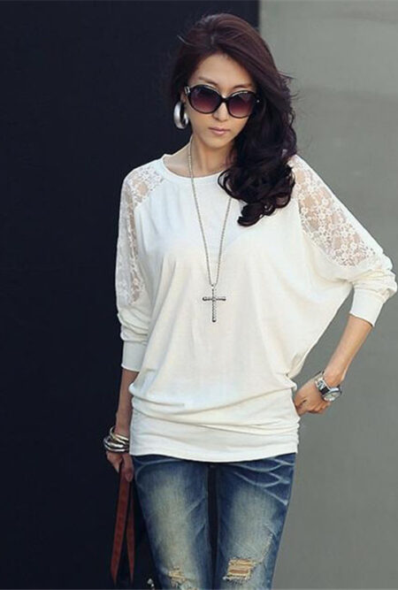 Long Sleeve Casual Dolman Lace Loose Shirt