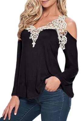 Elegant Lace V Neck  Ladies Long Sleeve Top