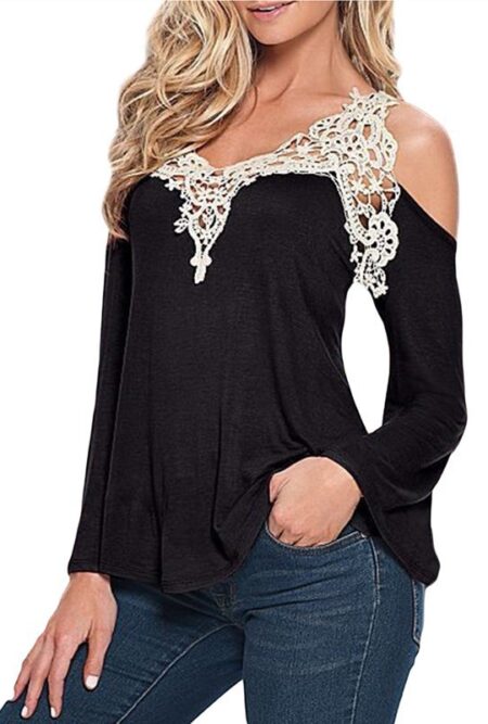 Elegant Lace V Neck  Ladies Long Sleeve Top