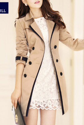 Turn-down Collar Double Breasted Contrast Color Long Coat