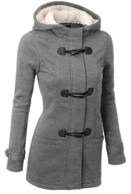 Women's  Long Hooded Overcoat Zipper Horn Button