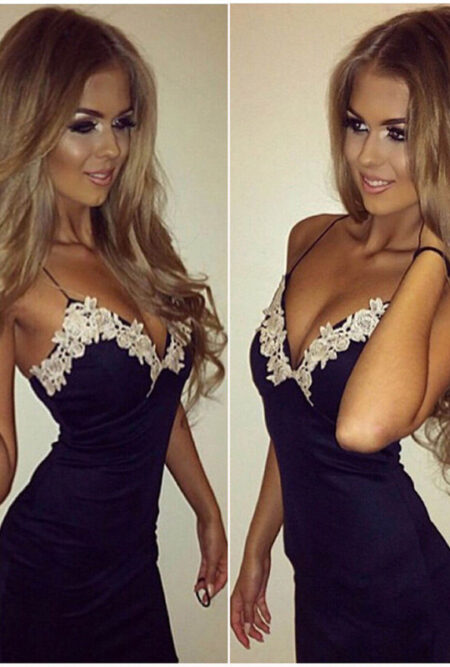 Ladies Sexy Strappy V Neck Lace Party Dress