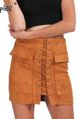 Lace Up Suede Leather Women Skirt