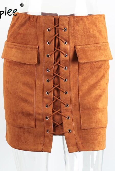 Lace Up Suede Leather Women Skirt