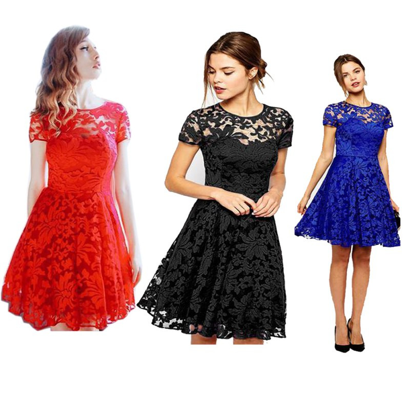 Floral Short Sleeve Lace Dress - Fashion Design Store