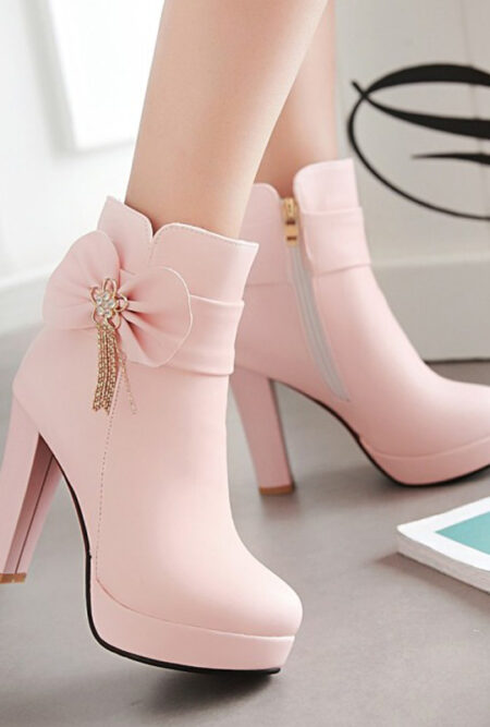 Princess Bow High Heels Black And White Platform Ankle Boots