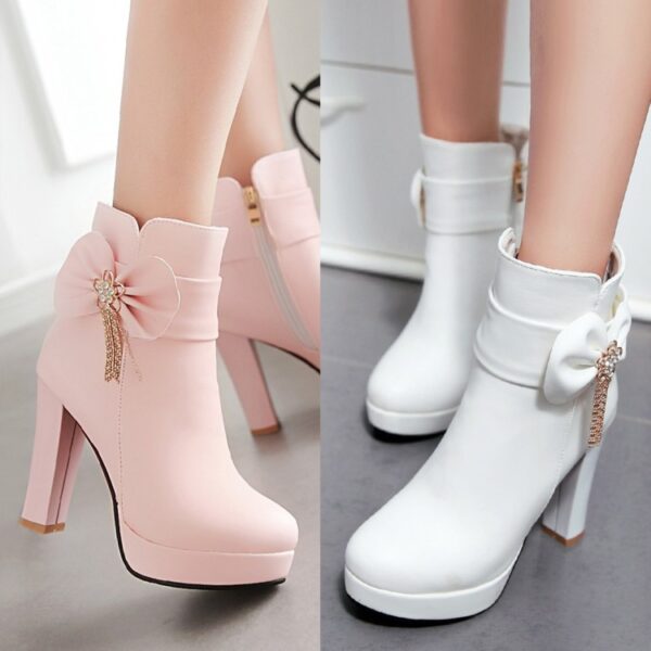 Princess Bow High Heels Black And White Platform Ankle Boots