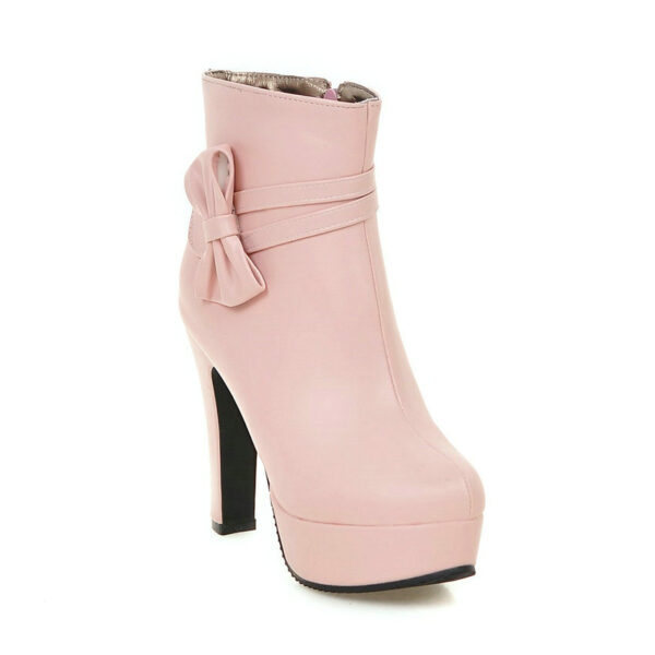 Women Shoes Square High Heel Ankle Boots With Bow Tie - Image 5