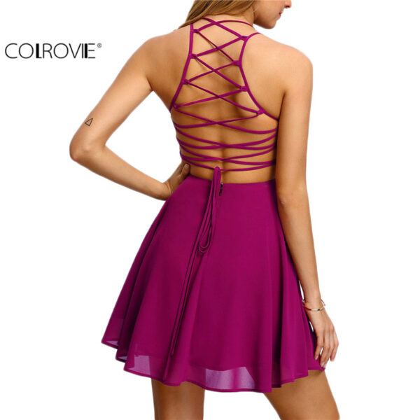 Hot Pink Cross Lace Up Backless Spaghetti Strap Short Skater Dress
