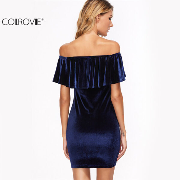 Ruffle Off The Shoulder Velvet Bodycon Dress - Image 3