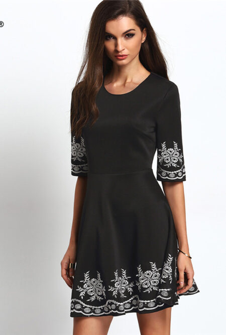 Ladies Black Half Sleeve Embroidered Flare Dress