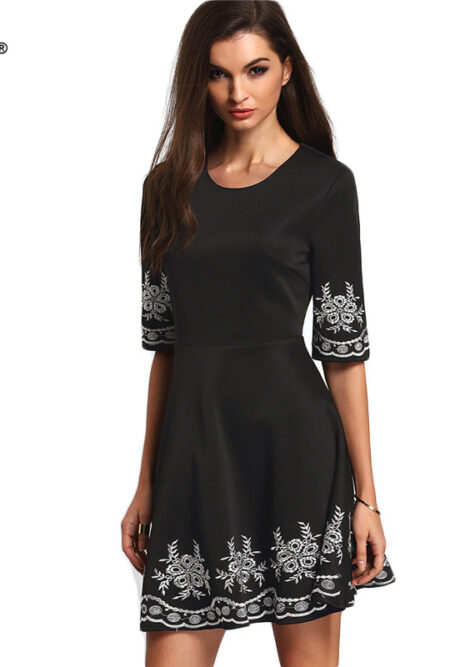 Ladies Black Half Sleeve Embroidered Flare Dress