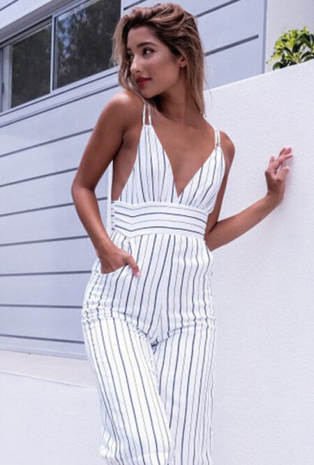 Women Striped Clubwear V-Neck Playsuit