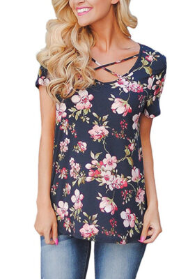 Spring Summer  Women's Printed Short Sleeve V-Neck T-Shirt