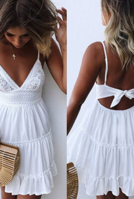 Cocktail Party White Lace  Bow Dress