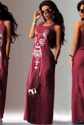 Casual Cat Print Boho Maxi Dress