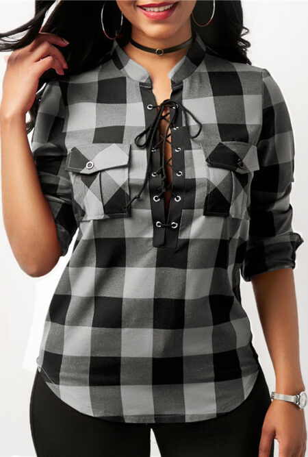 Lace Up  Casual Casual Tunic Shirt Top Plus Size