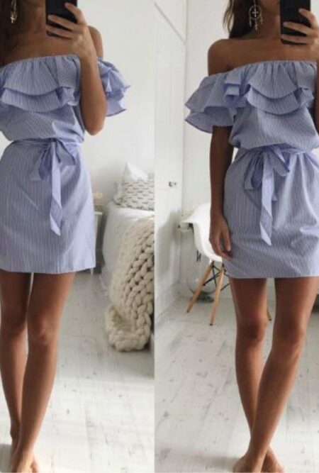 Off Shoulder Strapless Striped Ruffles Dress