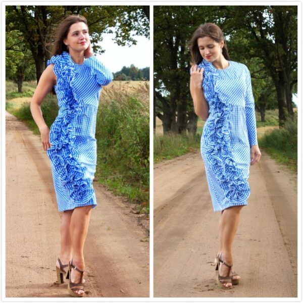 Asymmetric Pleated Patchwork One-Shoulder Dress