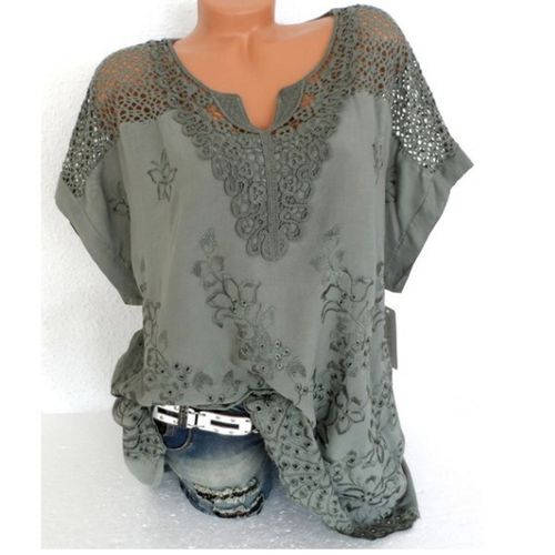 Women Fashion Loose Lace Blouse V Neck T Shirt - Fashion Design Store