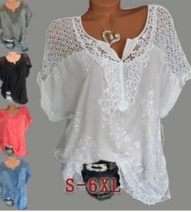 Women Fashion Loose Lace Blouse V Neck T Shirt