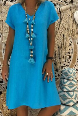 Women Casual Loose Solid Color Short Sleeve Dress