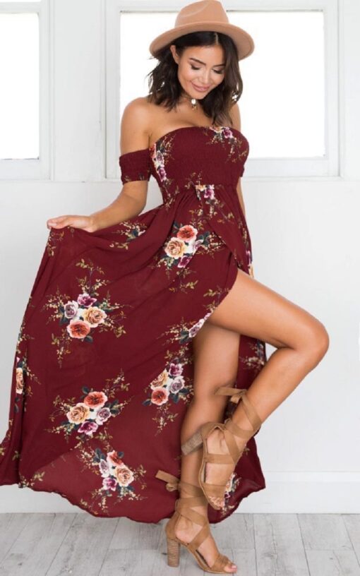 Off Shoulder Floral Print Boho Dress - Image 2