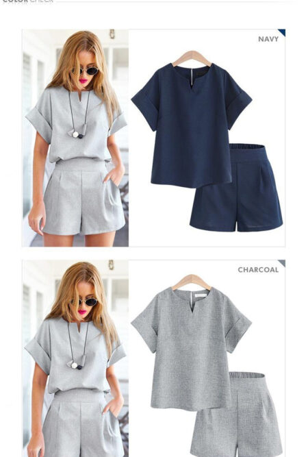Casual Cotton Linen V-neck Short Sleeve Set