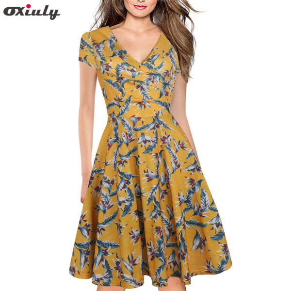 Bamboo Leaf Floral Print Ruffle V Neck Dress - Image 4