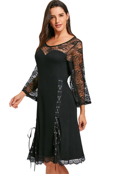 Flare Sleeve Sheer Lace Up Dress
