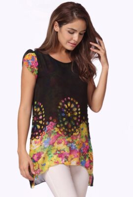 Chiffon Blouses Floral Print Blouse Hollow Out