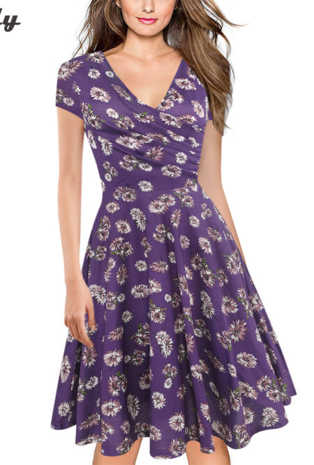 Bamboo Leaf Floral Print Ruffle V Neck Dress