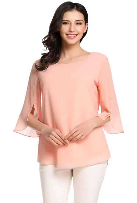 Casual Flare Sleeve O Neck Solid Blouse