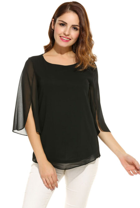 Casual Flare Sleeve O Neck Solid Blouse
