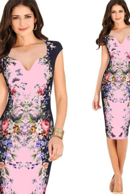 Elegant  Lady Formal Floral Printed V-neck Dress