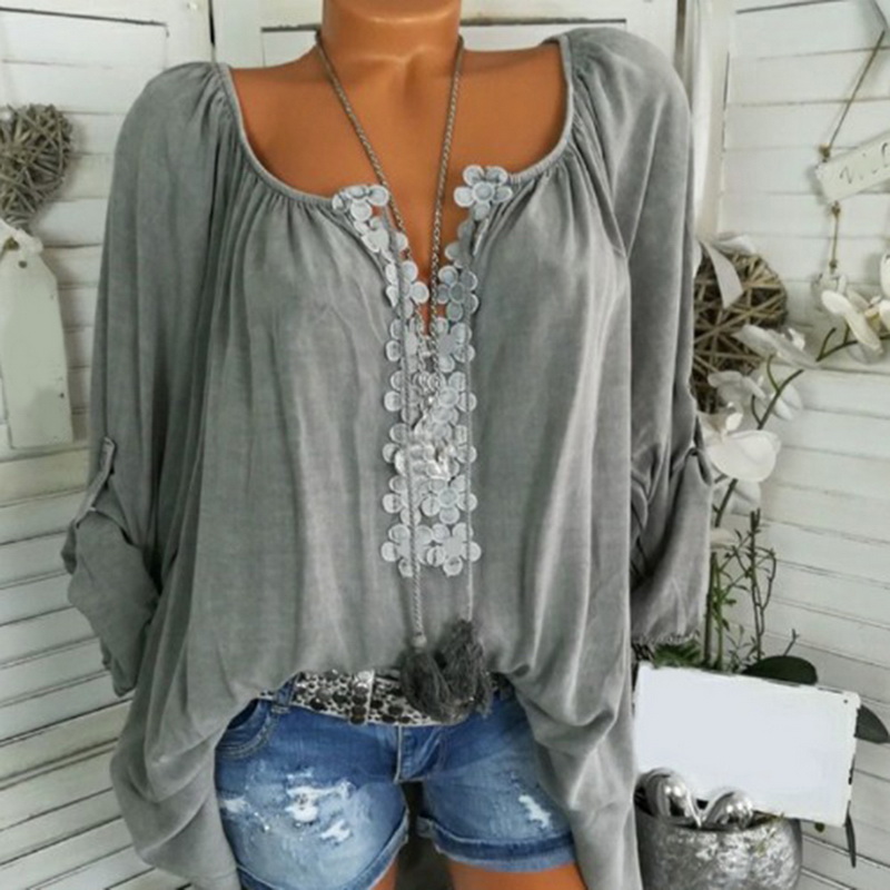 Long Sleeve Lace Shirt Top Plus Size - Fashion Design Store