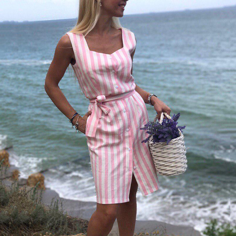Navy Blue, Pink Striped Dress - Fashion Design Store