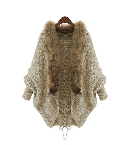 Casual Warm Cardigan With Faux Fur Collar  & Batwing Sleeve