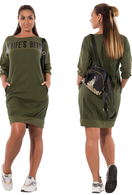 Three-Quarter Sleeve  Letter Print Casual Autumn Dress