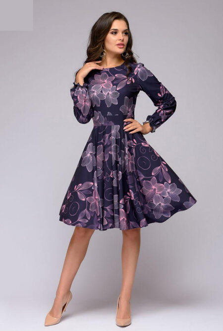 Elegant Long Sleeve Purple Printed Ruffles Dress